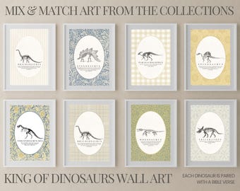 Dinosaur Art Digital Download, Plesiosaurus, Kids Nursery Decor, Jesus, Bible Verse, Traditional, Beige, Vintage Leaf, Fossil, Neutral