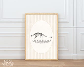 Dinosaur Art Digital Download, Ankylosaurus, Kids Nursery Decor, Jesus, Bible Verse, Traditional, Beige, Vintage Stripe, Fossil