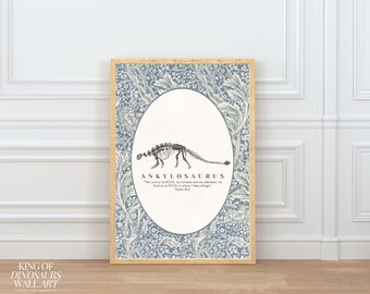 Dinosaur Art Digital Download, Ankylosaurus, Kids Nursery Decor, Jesus, Bible Verse, Traditional, Beige, Vintage Stripe, Fossil