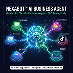 May include: A digital graphic promoting NEXABOT™ AI BUSINESS AGENT. The image features a central brain-like structure with a robot face, connected by glowing lines to icons representing WhatsApp, Email, Instagram, Facebook, and TikTok. Text indicates 24/7 automated customer message handling.