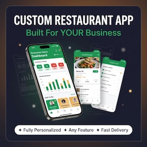 May include: Image of three smartphones displaying a restaurant app interface. The main phone shows a dashboard with inventory and revenue data. The other screens display recipe and checklist views. Text reads "CUSTOM RESTAURANT APP Built For YOUR Business."
