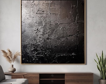 Black and Gray Cracked Texture Oil Painting, Dark Contemporary Wall Art, Textured Abstract Artwork, Minimalist Industrial Home Decor