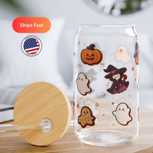 Adorable Halloween Cookies Glass Cup with Lid and Straw, Spooky Iced Coffee Glass, Fall Season Gift, Halloween Themed Libby Glass Cup