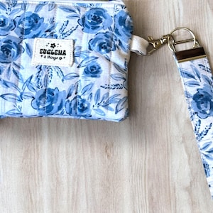 Blue and White Floral - Quilted Wallet Coin Purse with Wristlet Keyfob