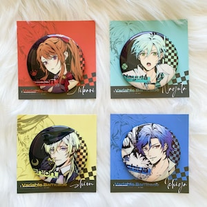 May include: Four colorful anime-style character button pins. Each pin features a different character with a unique hairstyle and expression. The pins are set against square backgrounds of red, blue, yellow, and green.