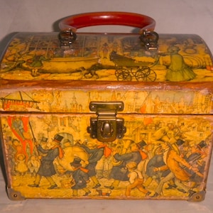 Vintage Anton Pieck Decoupage Wood Purse - Lecite Handle