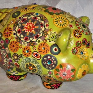 PIGGY BANK - Flower / Gem Stone Embellished Vibrant Hand Painted - FABULOUS!