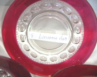 Luncheon Plates -   TIFFIN Franciscan - KINGS CROWN Cranberry Ruby Flash Glass Thumbprint