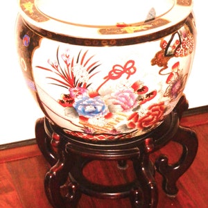 Chinese Fish Bowl / Planter / Jardinière Floor Pot - Gold Koi Floral XL - Hand Painted