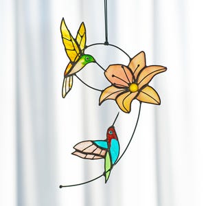 Stained Glass Hummingbird Couple with Flower Bird Sun catcher Window Hanging for Bird Lovers Mother’s Day Gift Wedding Anniversary gifts