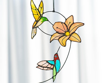 Stained Glass Hummingbird Suncatcher: Bird & Flower Window Hanging