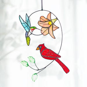 Stained glass cardinal suncatcher Hummingbird stained glass window hanging Birds Stained glass cardinal memorial ornament Gift for mom