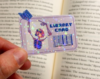 Holografisch skelet bibliotheekkaartsticker | Leesgrage sticker | Boekenwurm | Kindle-sticker | Nog een hoofdstuk