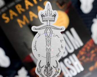 Holografische sticker glazen troon: zwaard, kroon, hert