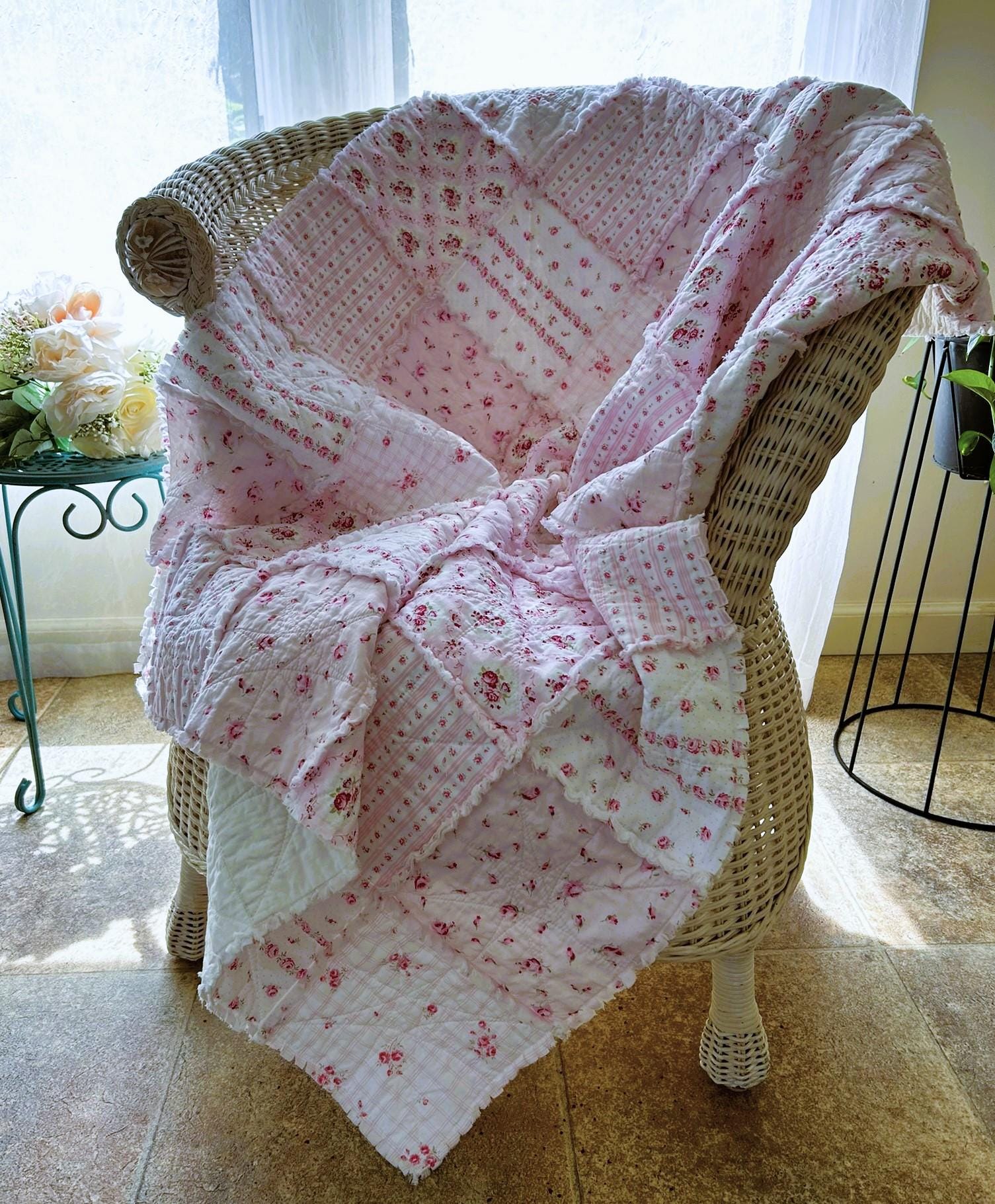 Handmade Rose Rag Quilt: Shabby Floral Blanket Out of Print Fabrics - Etsy