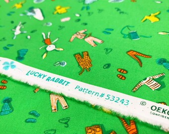 Half Yard cut of Lucky Rabbit Clothes Toss fabric in green
