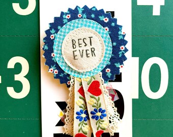 Fabric Bookmark Clip: Floral Ribbon, Embroidered Details (3.5")