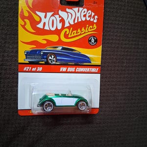 2006 Hot Wheels VW Bug convertible, Classics Series 2, Spectraflame Green 21 0f 30 and whitewall tires.