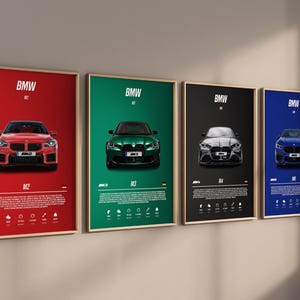 Conjunto de 4 BMW Série M | pôsteres de carros esportivos | arte de parede automotiva | decoração de quarto infantil | download digital | presente para entusiastas de carros | arte de pôster