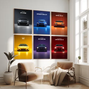 Conjunto de 6 coches JDM / Pósteres de coches japoneses / Arte mural de automóviles / Decoración de habitaciones infantiles / Impresiones digitales / Arte mural / Coches japoneses