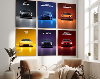 May include: Six framed car posters featuring Nissan GT-R R35, Subaru Impreza WRX STI, Toyota Supra MK IV, Honda NSX, Nissan Skyline R34, and Mitsubishi Lancer EVO IX. Each poster displays a car against a colored background.