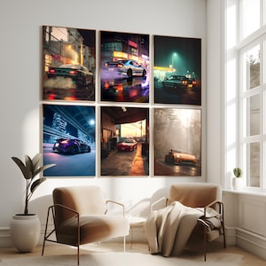 Peut inclure: Six tableaux encadrés représentant des voitures de sport dans divers environnements urbains et naturels. Les impressions mettent en scène des voitures en mouvement, avec des couleurs vives et un éclairage dramatique, créant une esthétique dynamique et moderne. Les cadres sont de couleur marron chaud.