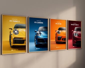 May include: Four framed posters featuring Porsche cars: a yellow 911 Turbo S, a blue 911 Carrera, an orange 911 GT3 RS, and a red Taycan Turbo S. Each poster has the car's name and model displayed at the top.