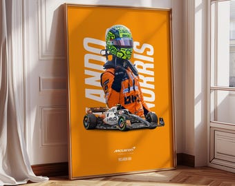 Puede incluir: Un póster con el piloto de Fórmula 1 Lando Norris en su traje de carreras y casco de McLaren. El póster tiene un fondo naranja brillante con el nombre del piloto en texto blanco. El logotipo de McLaren y el modelo de coche están en la parte inferior del póster.