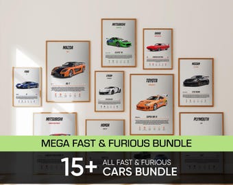 Ensemble d'affiches toutes voitures Fast and Furious : oeuvre d'art murale automobile Fast Cars (impressions numériques)