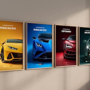 May include: Four framed Lamborghini car posters. The posters feature the Huracan EVO in yellow, Huracan STO in blue, Centenario in red, and Sian FKP 37 in green. Each poster has the car's name at the top and a color palette at the bottom.