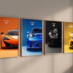 スーパーカーバンドルセット4点 | スポーツカーポスター | ポルシェウォールアート | 車の装飾 | デジタルダウンロード | 車好きへのギフト | ポスターアート | お父さんへのギフト