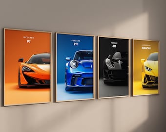Superbilsaffischpaket: McLaren, Porsche, Ferrari, Lamborghini (digitalt tryck)