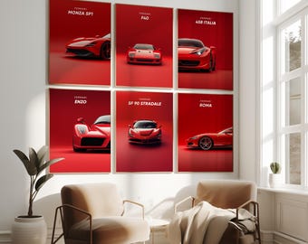 May include: A set of six red framed posters featuring different Ferrari models, each with the model name and "Ferrari" written in white text.