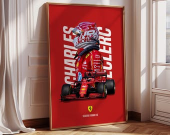 Pode incluir: Um pôster vermelho e branco com uma foto de um carro de corrida vermelho e um capacete de piloto. O texto "CHARLES LECLERC" está escrito verticalmente no lado esquerdo do pôster. O texto "SCUDERIA FERRARI #16" está escrito na parte inferior do pôster.