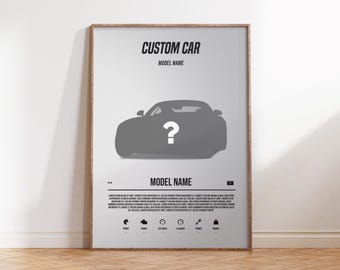 Puede incluir: Un póster en blanco y negro con el texto "CUSTOM CAR" y "MODEL NAME" en la parte superior. Una silueta de un coche está en el medio del póster con un signo de interrogación dentro. El texto "MODEL NAME" está en la parte inferior del póster con una lista de especificaciones del coche.