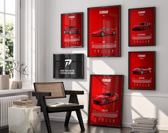 May include: Five framed posters with red backgrounds and black frames featuring different Ferrari models. Each poster includes the Ferrari logo, the model name, and technical specifications. The text "Show your love for legendary machines" is displayed on a black framed poster.