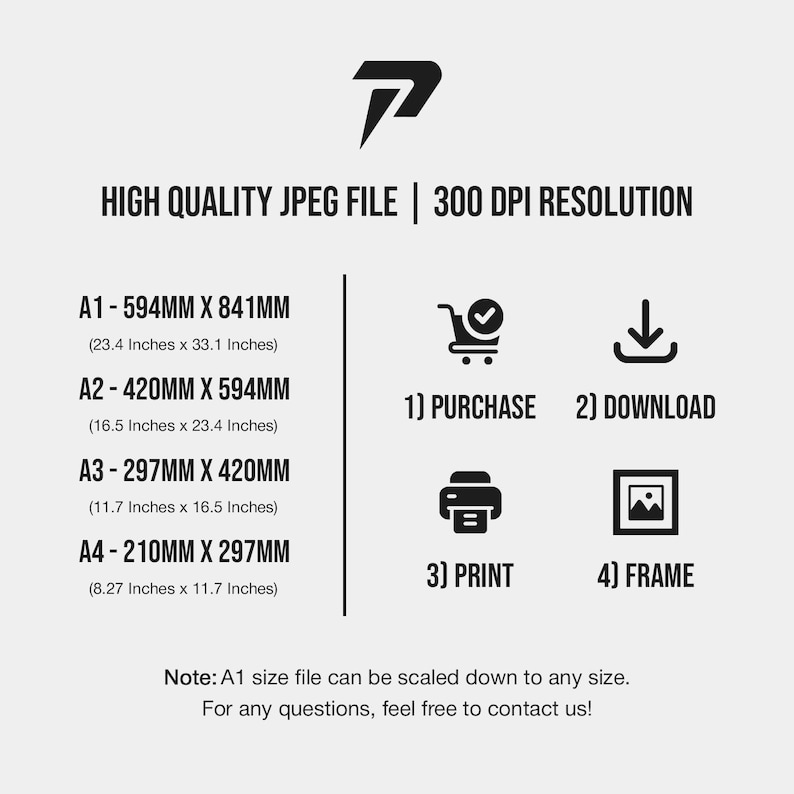 May include: A graphic showing the different sizes of printable files available for purchase, download, printing, and framing. The sizes are listed in millimeters and inches. The graphic includes icons for purchase, download, print, and frame.