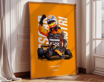 Puede incluir: Un póster con un piloto de Fórmula 1 con un traje de carreras naranja y un casco, levantando el puño en señal de victoria. El coche es naranja y negro con el logotipo de McLaren y el texto "McLaren MCL36" en el lateral. El fondo es naranja con el texto "OSCAR PIASTRI" en blanco.