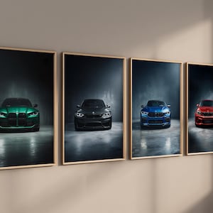May include: Four framed prints showcasing high-performance cars in green, black, blue, and red. Each car is centrally positioned within its frame, set against a dark, atmospheric backdrop. The frames are finished in a light wood tone.