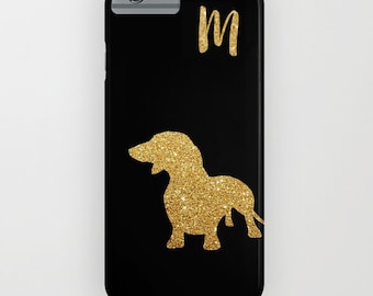 Personalized Initial on Dachshund Dog in Golden Glitter Phone Case III -  Dog Gift Ideas, iPhone 14, iPhone 14 Plus, Samsung Galaxy S10