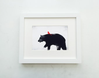 Black & White Bear - Fine art print, Bear silhouette, Bear animal, print black Bear, raging Bear , red Bird