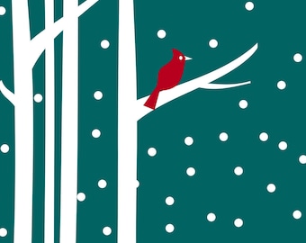 Red Robin birds  - Fine Art Print, winter bird, red birds, silhouette, snow, decor