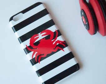 Red Crab on Black and White Stripes  on Phone Case -   iPhone 11, iPhone X, Marble, Stripes, Sea Animal,Crab,  Samsung Galaxy S9