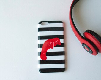 Red Manatee on Black and White Stripes  on Phone Case -   iPhone 11, iPhone X, Marble, Stripes, Sea Animal,Crab,  Samsung Galaxy S9