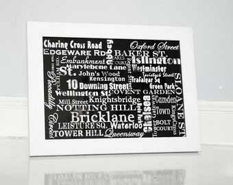 Typography of London Street Names in Black and White fine art print black and white city street names London