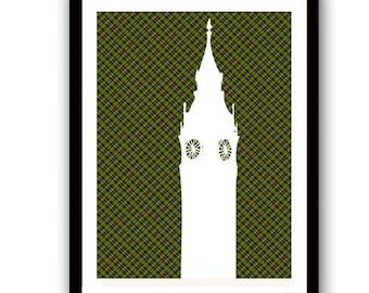 Big Ben,tower clock, Westminster in London,fine art print,silhouette,england,green pattern,decor, print,illustration