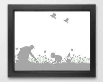 Grandfather and grandson or granddaughter gardening together, silhouette, Fathers Day, Gift For Father, grandfather, grandson, family time