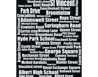 Typography of Glasgow Street Names, Glasgow city, Scotland, UK, Typography, Glasgow City, Glasgow Print, Glasgow Art