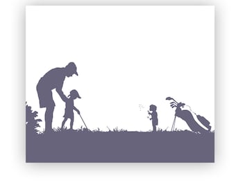 Father and two kids playing golf, daughter and toddler son , Fine art print, silhouette, Fathers Day, Gift For Father,  father with  kids