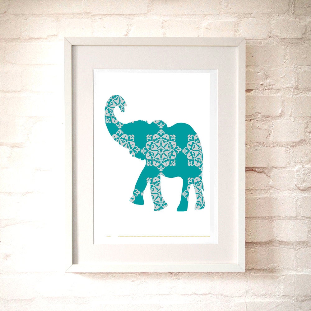 Damask Elephant in Teal and Gray Color Kids Art Prints Etsy